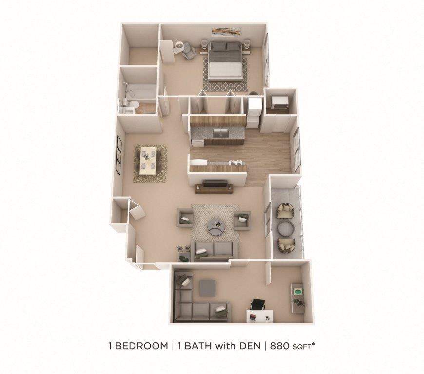 Floor plan for 1 bed, 1 bath, 880 sqft